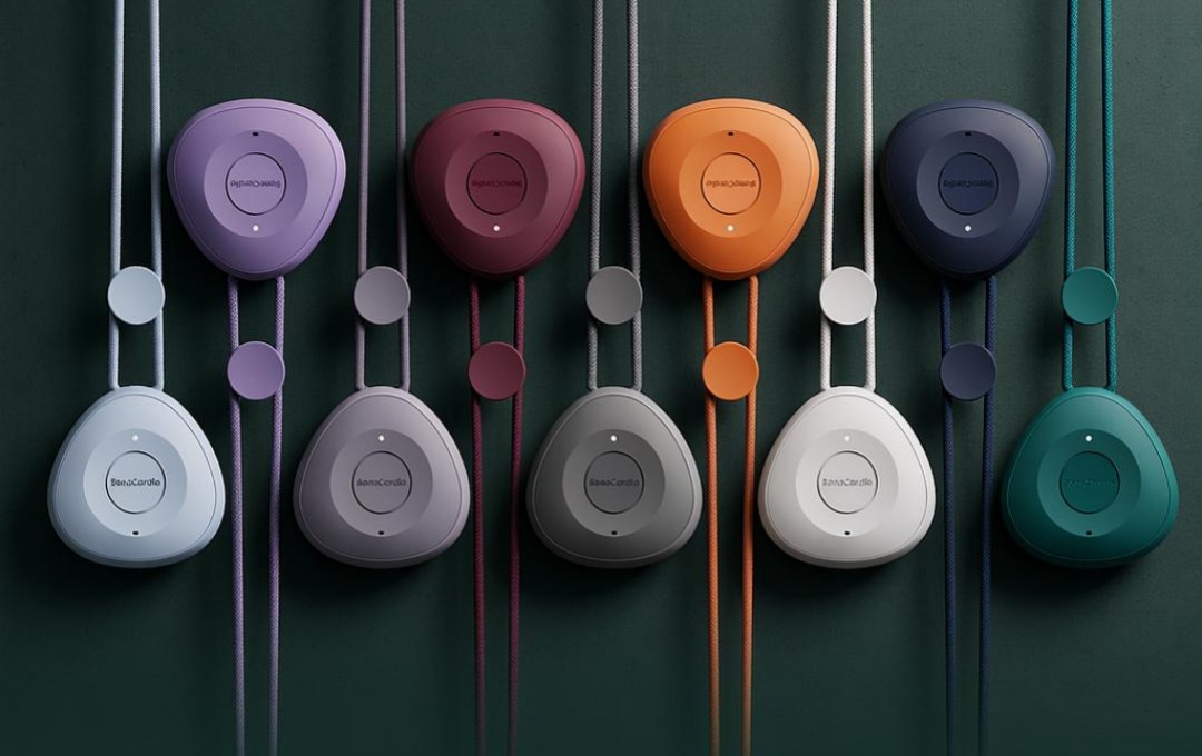 SonoCardio devices in different colors hanging on matching lanyards